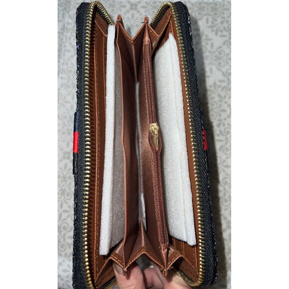 Black Glitter Wallet Red Stripe Zipper Multiple Compartments Compact Size - Picture 2 of 2